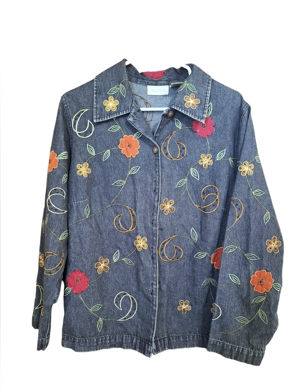 Women's Black Denim Floral Plus Size Jacket~1XL